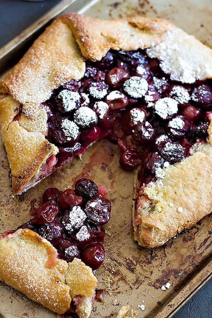 Sour cherry galette is one of my favorite summer treats! Galettes are free form tarts that can be filled with any fruits that are in season!