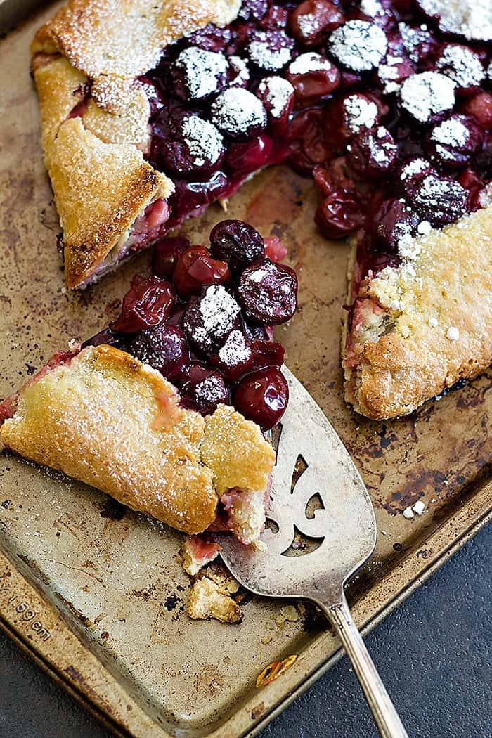 Sour cherry galette is one of my favorite summer treats! Galettes are free form tarts that can be filled with any fruits that are in season!