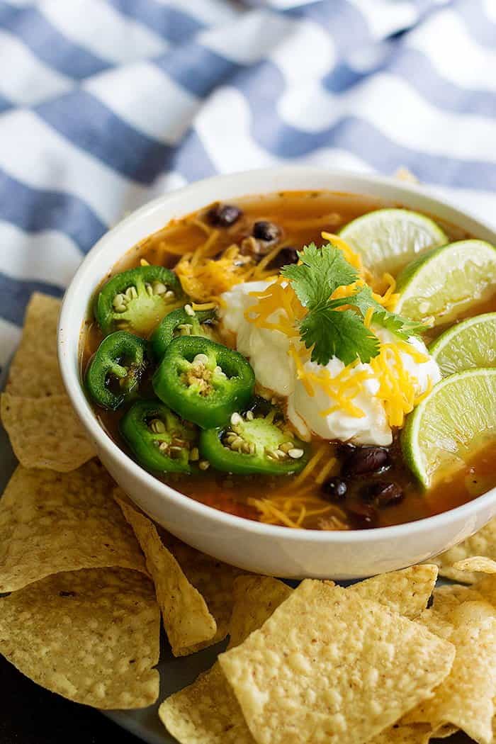 Close up shot of the soup with toppings. 