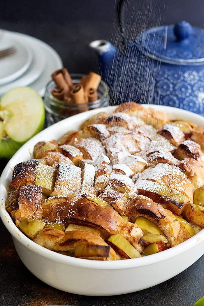 Sprinkle powdered sugar on finished French toast casserole. 