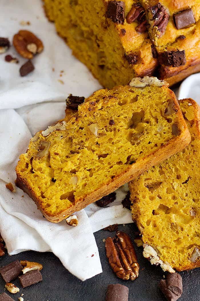 pumpkin loaf made with pecans and chocolate chunks