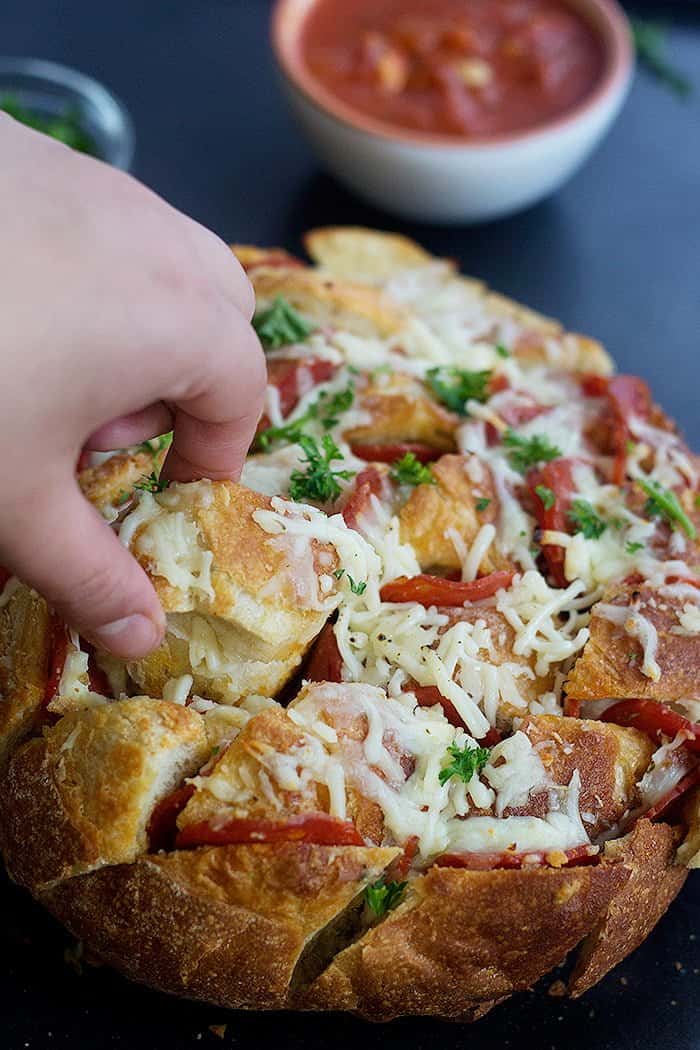 pepperoni pull apart bread is packed with cheese. 