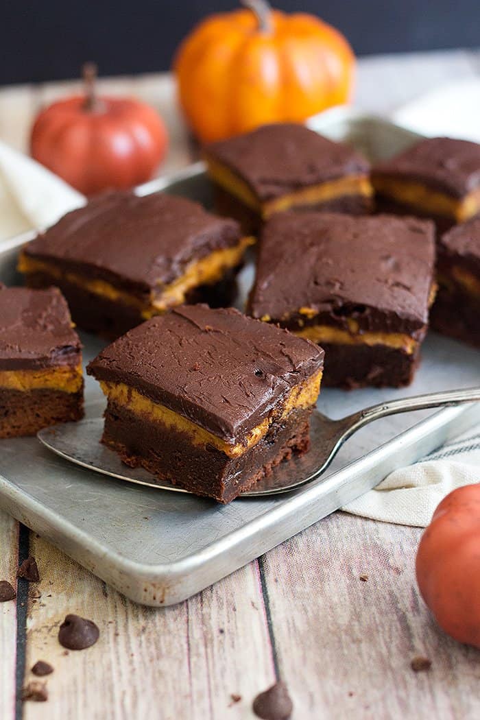 Have the best of both worlds with these Pumpkin Pie Brownies. Gooey brownies topped with pumpkin pie filling and luscious ganache tastes great!