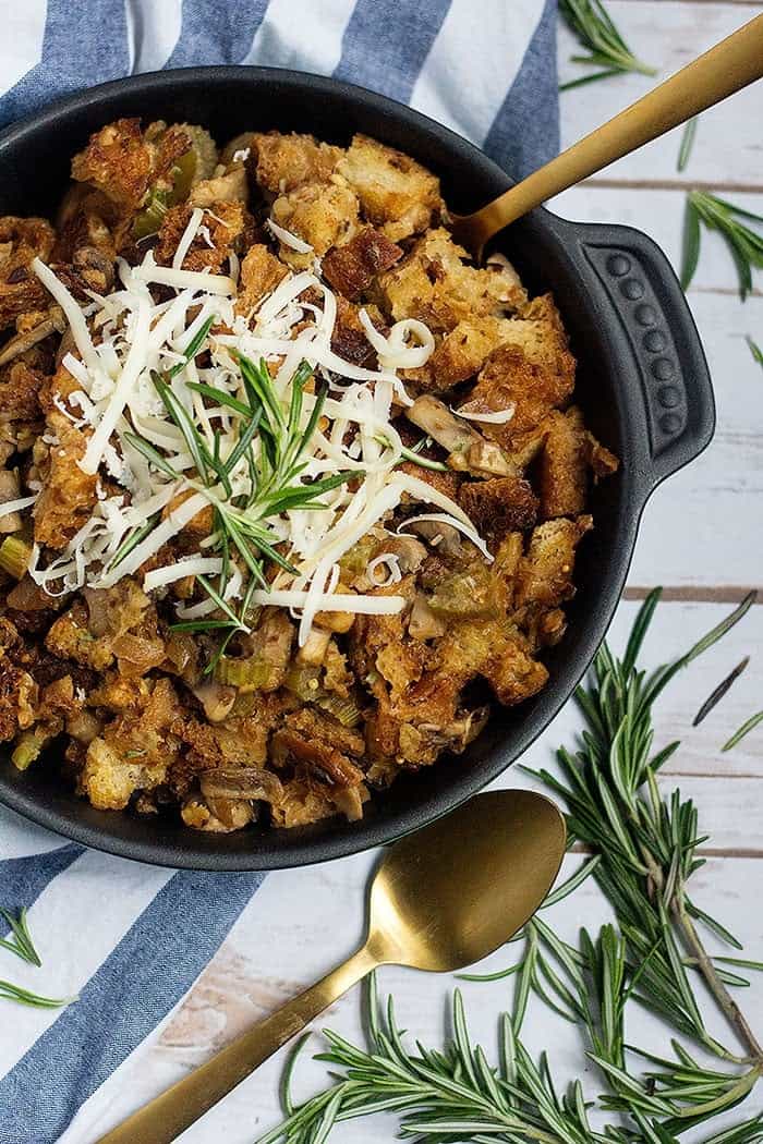 This homemade Stuffing recipe is a show stopper! Juicy mushrooms mixed with tasty Gruyere and shallots makes the best stuffing!