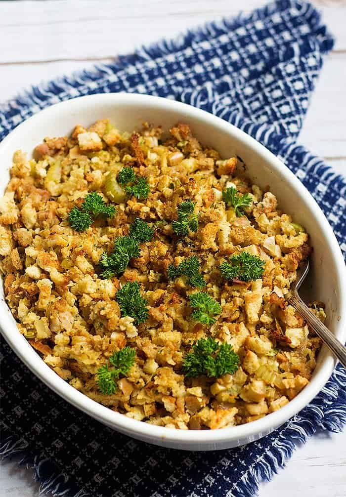 Best sausage stuffing recipe made with chicken or turkey sausage, apples and croutons.
