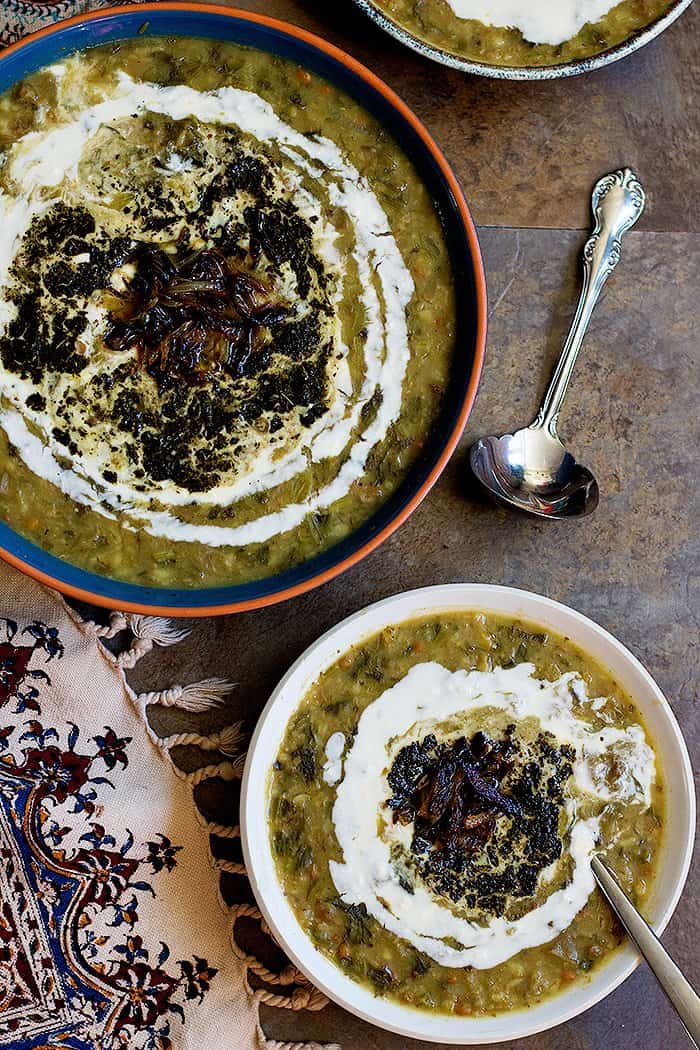 Persian Eggplant Soup - This is a thick soup also called "Ash" and it's perfect for winter. It's made with legumes and herbs, it's vegetarian and gluten free. 