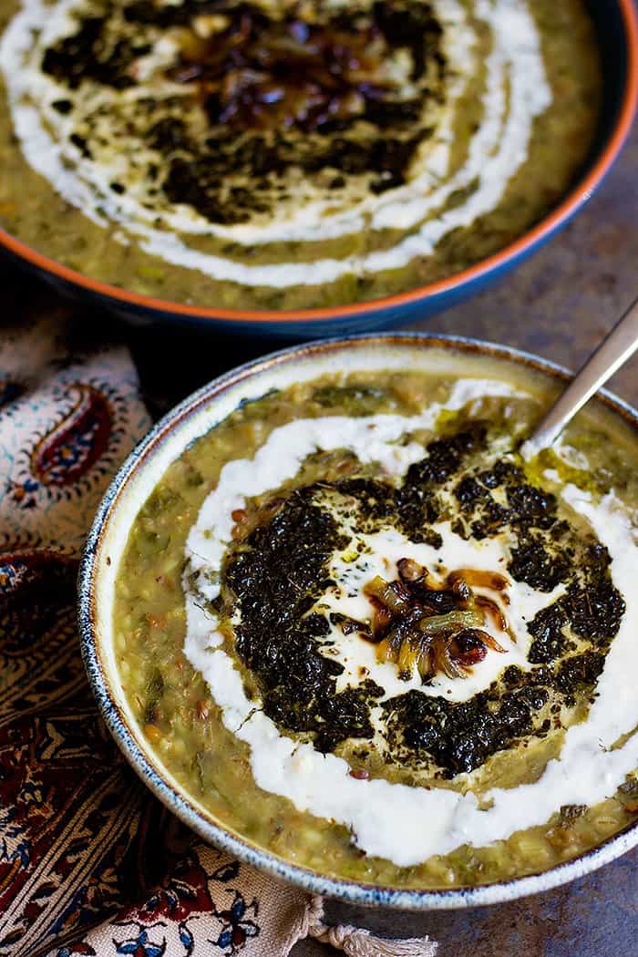 top the soup with sauteed mint, caramelized onion and whey yogurt. 