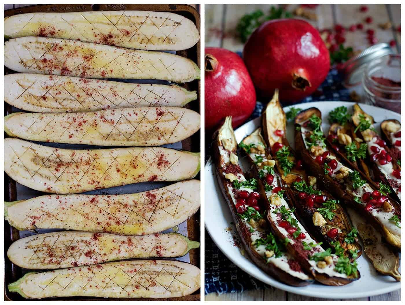 Eggplants cut into halves lengthwise and drizzled with olive oil. Top with sumac and roast.