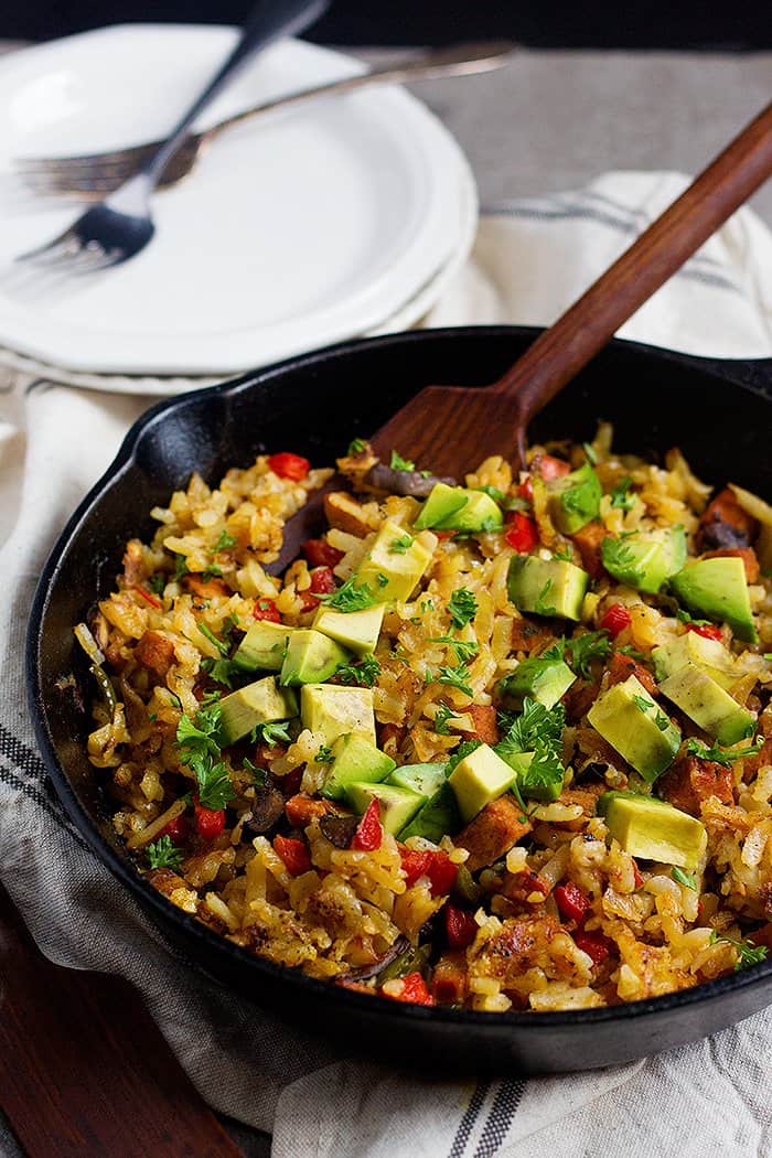 Skillet Hash Browns with sausage, peppers and avocados. 