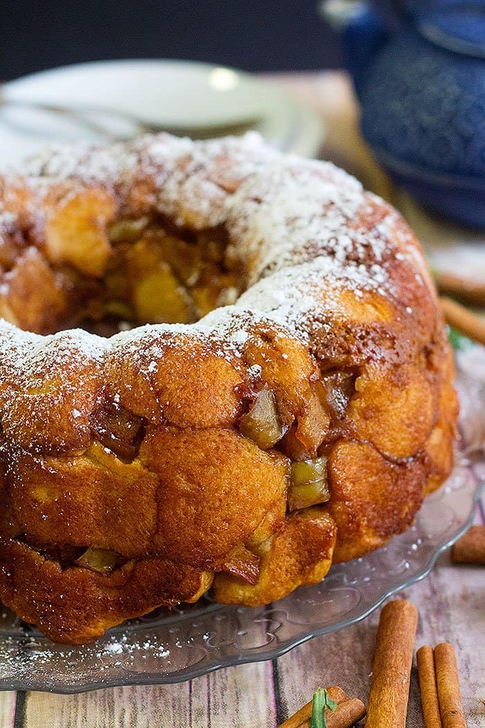 Apple monkey bread is delicious with layers of cinnamon dough and baked apples. 