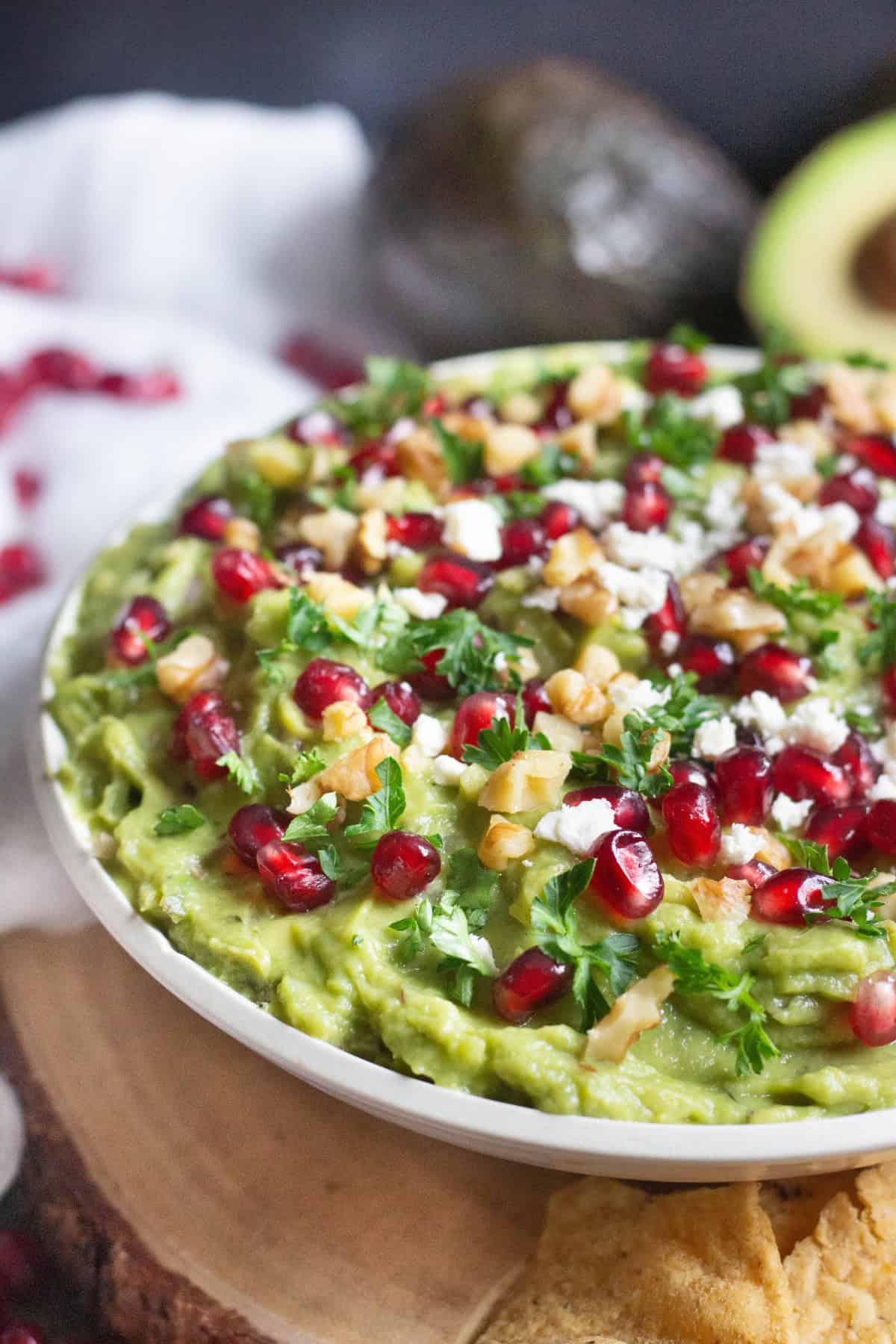Pomegranate Guacamole - Avocados mashed with lime, pomegranate and walnuts.
