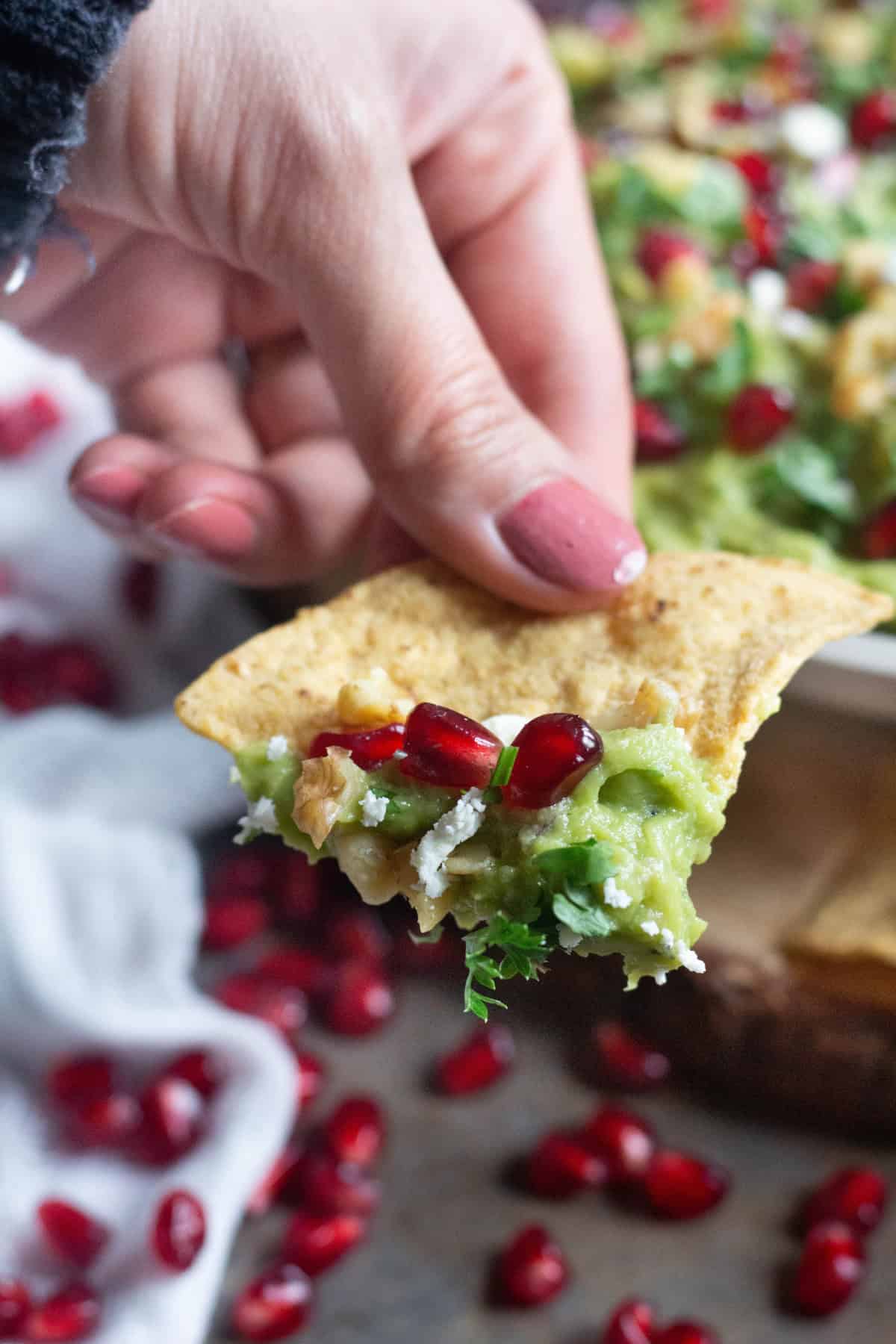 Pomegranate Guacamole on tortilla chips with cilantro.