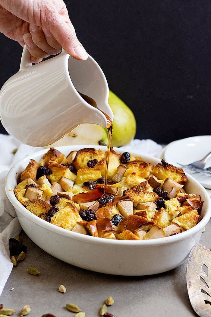 Nothing beats a delicious Challah Bread Pudding for breakfast or brunch! Soft Challah bread mixed with pears and raisins with a touch of cardamom brings a feast of flavors to your table!