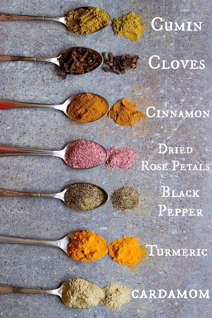 Advieh is made of seven spices including cumin, cloves, cinnamon, rose petals, black pepper, turmeric and cardamom.