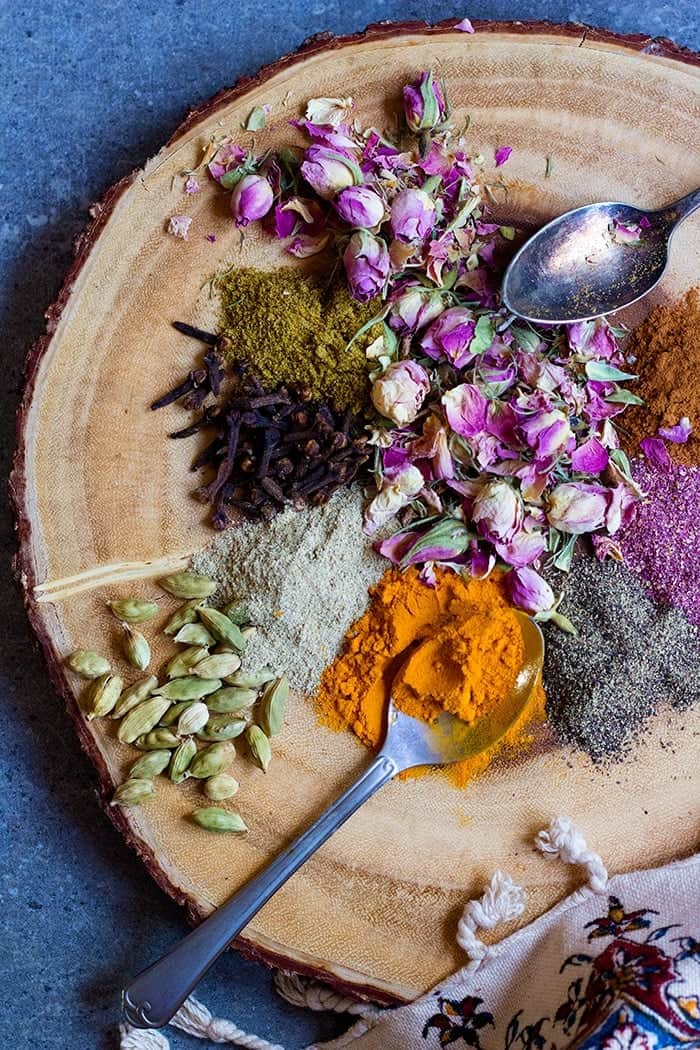 Advieh or Persian spice mix is made of rose petals, cardamom, turmeric and pepper. 
