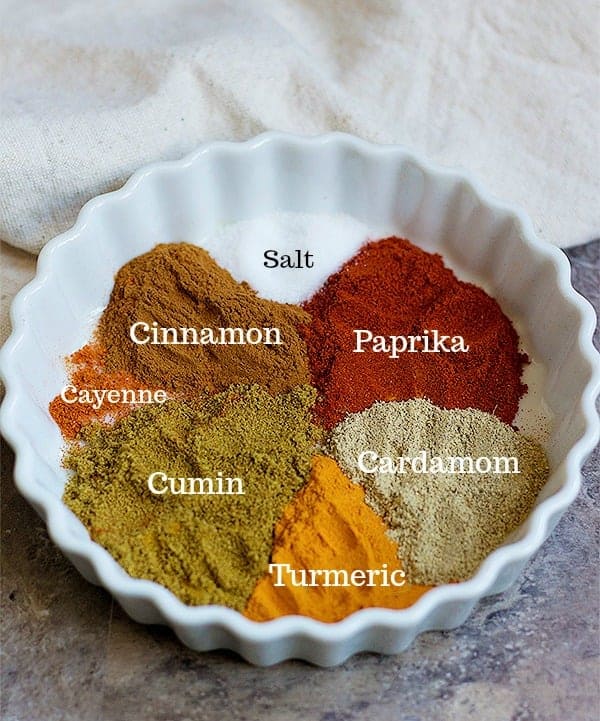 spices for the chicken marinade are cumin, cinnamon, cayenne, turmeric, paprika, cardamom and salt. 