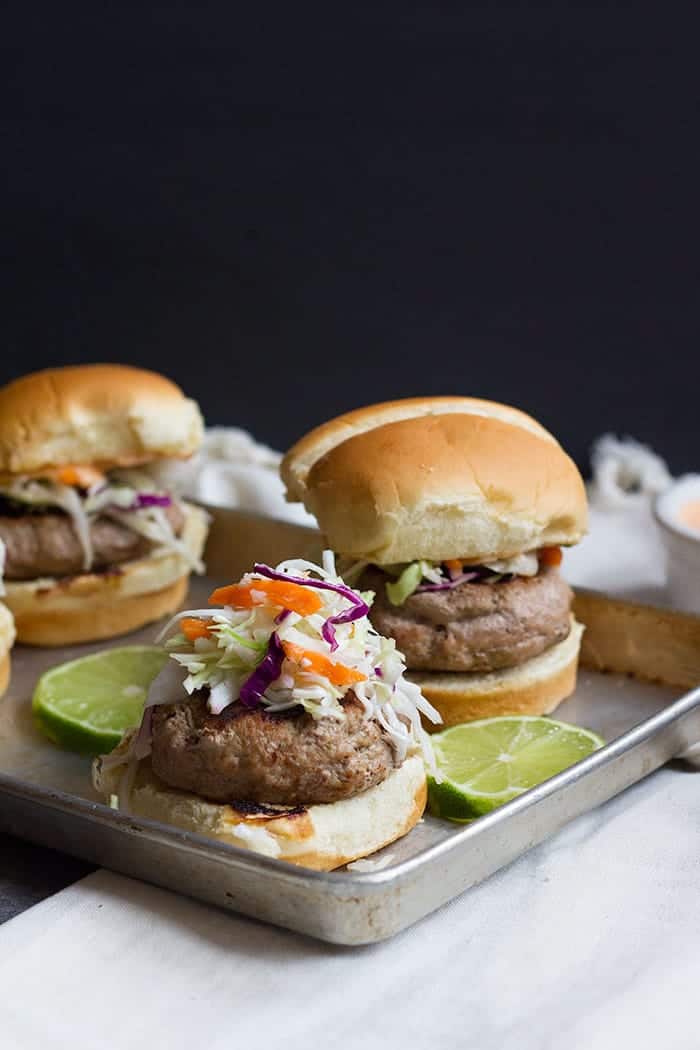 Thai Turkey Burgers topped with crunchy cabbage slaw. 