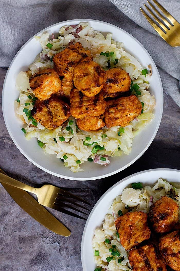 Colcannon mash with buffalo chicken makes a delicious meal. 