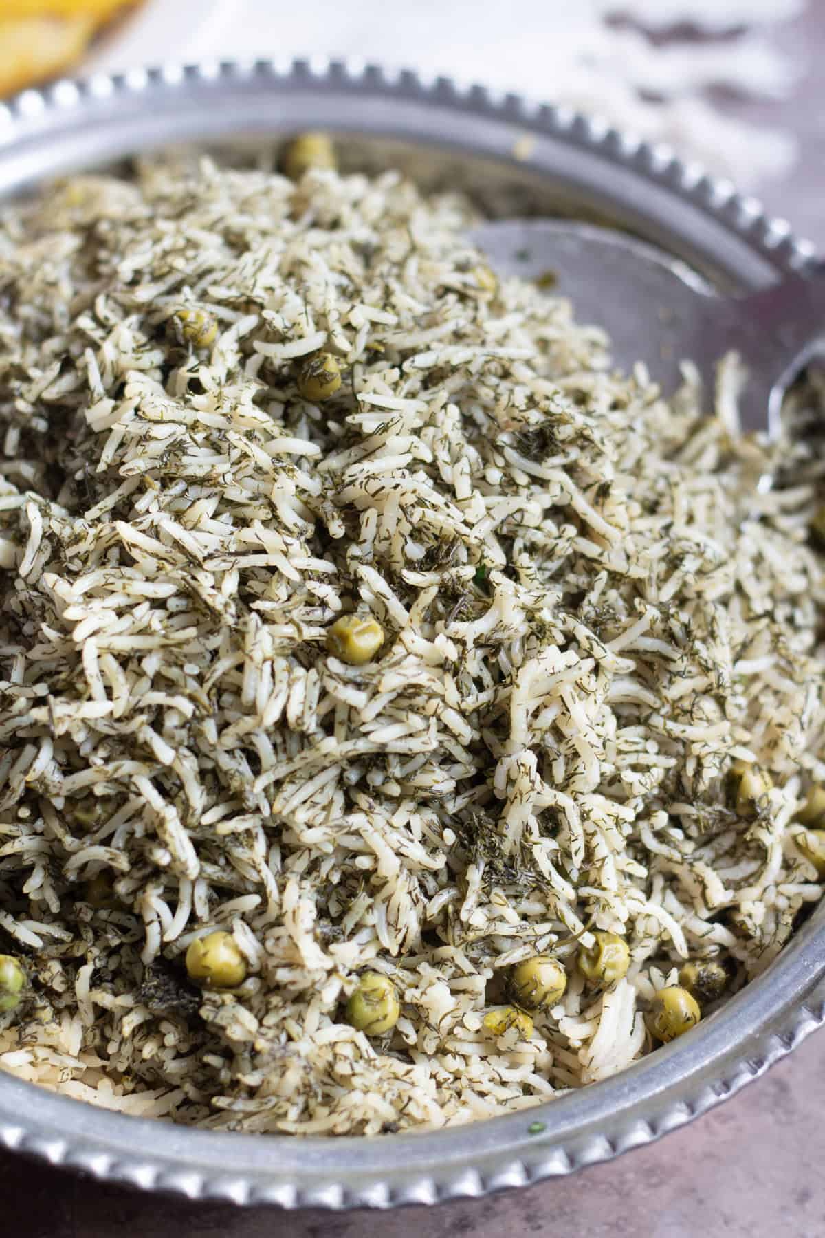 Dill Rice with Peas made Persian style is a one pot simple dish ready in 30 minutes. 