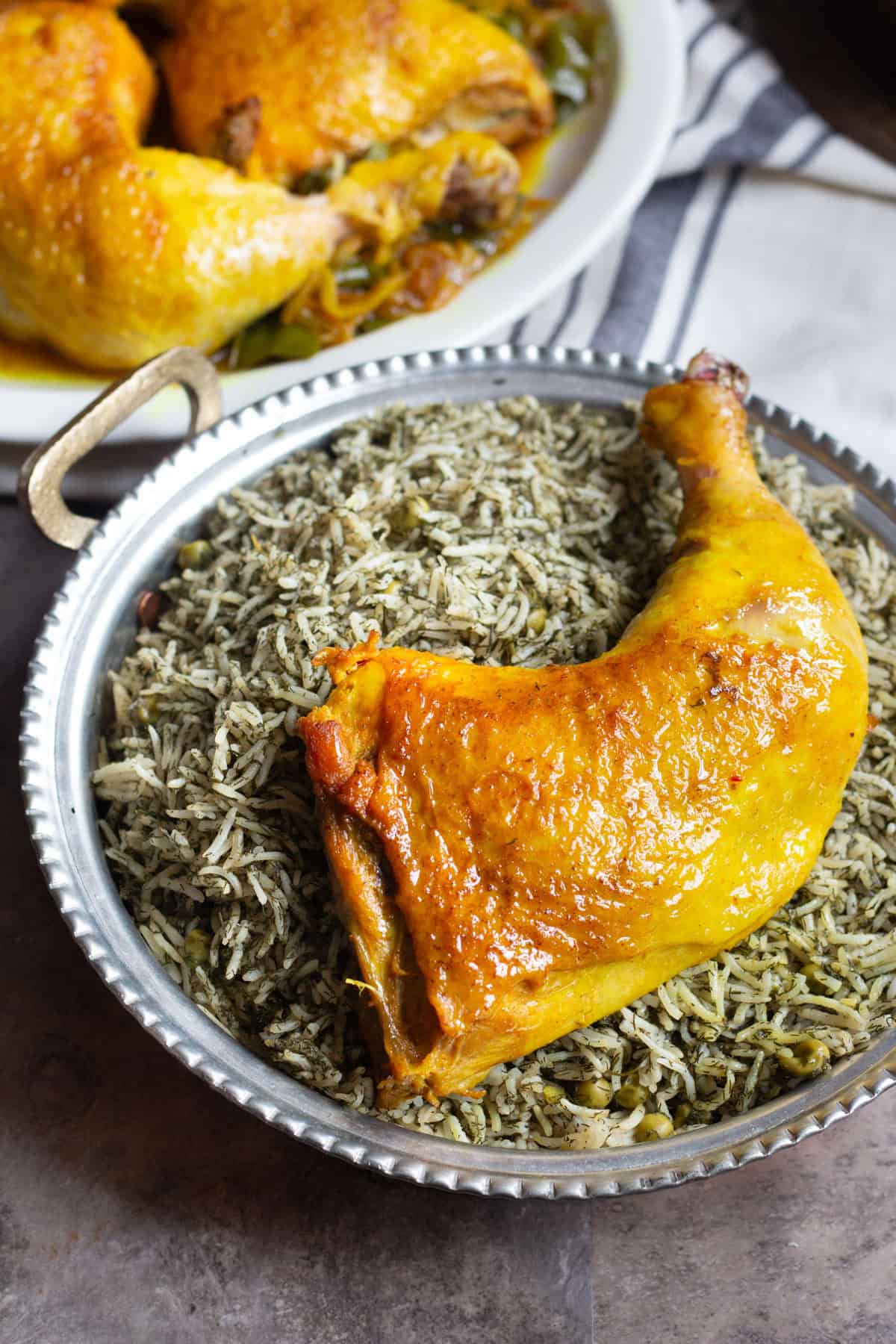You can serve Dill rice and peas with Persian saffron chicken.