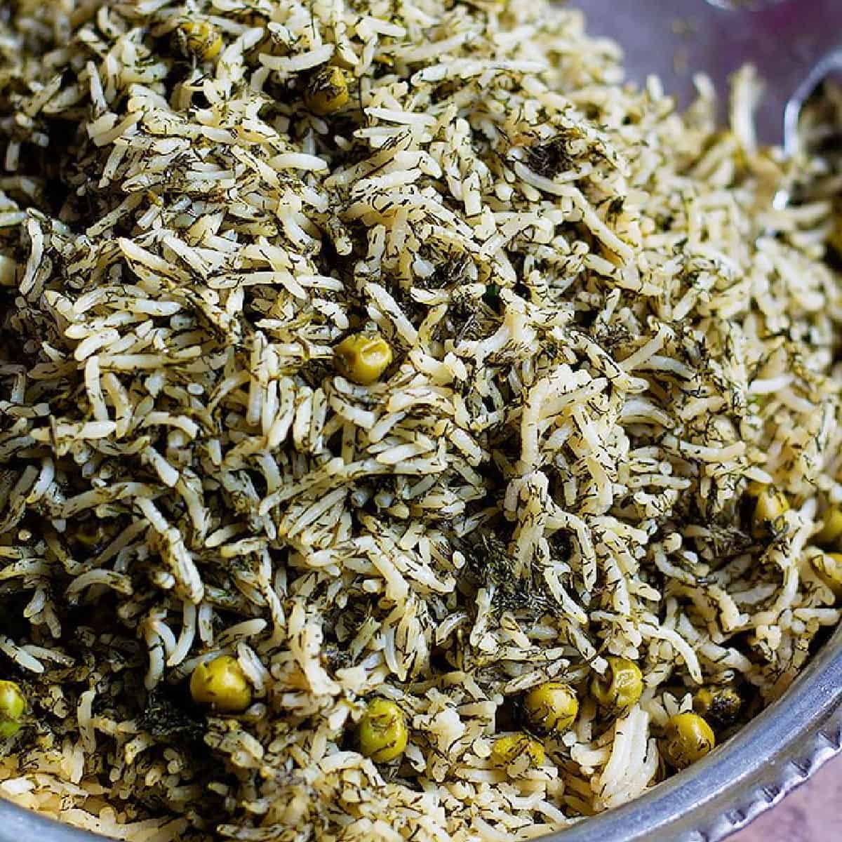 Dill rice with peas is a vegan Persian recipe that is made in one pot with only 5 ingredients. This simple, aromatic side dish is ready in 30 minutes and is perfect for any occasion and you can serve it with chicken, beef or seafood.
