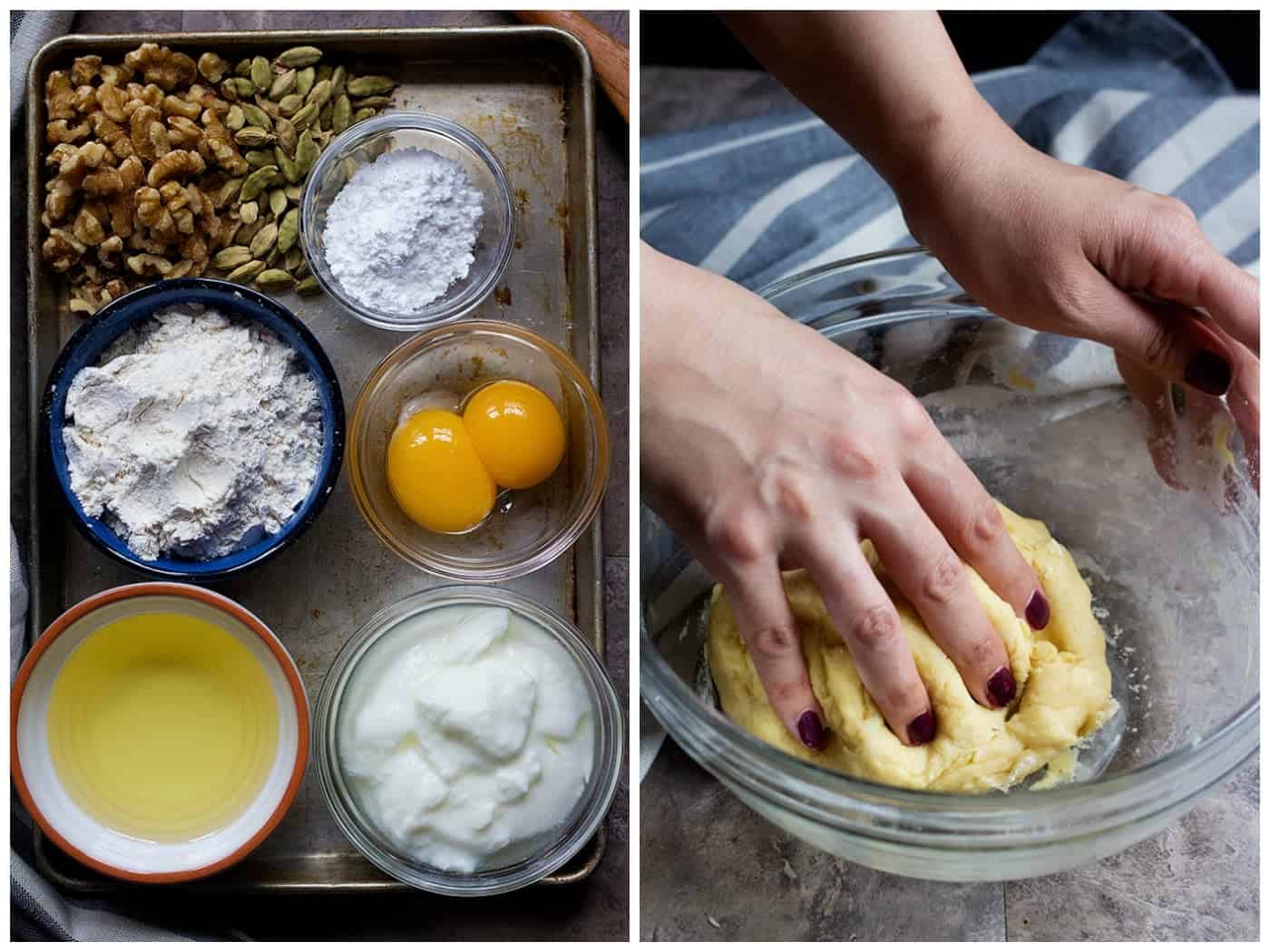 To make this Persian dessert you need walnuts, sugar, cardamom, flour, vegetable oil and egg yolk. Make the dough fist. 