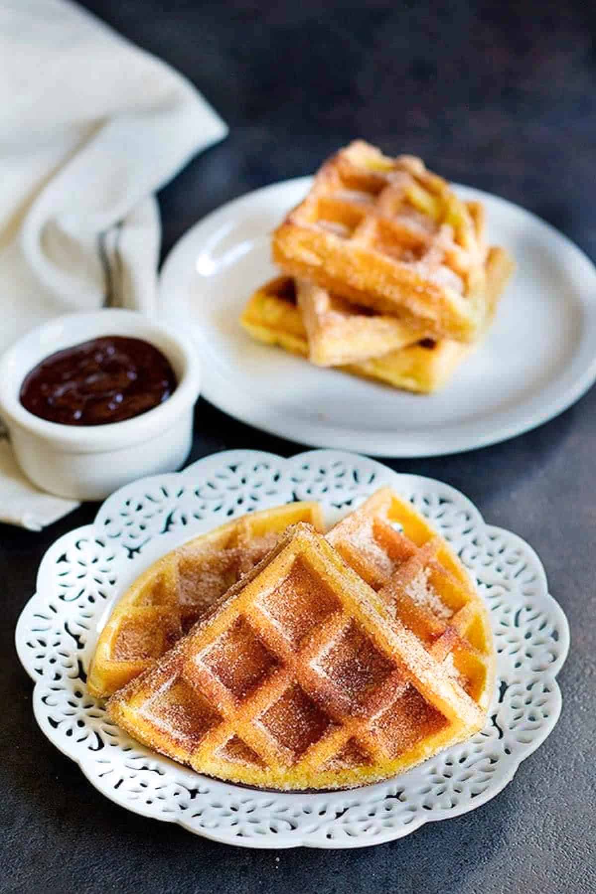 These flavored waffles are fluffy and crisp served with chocolate.