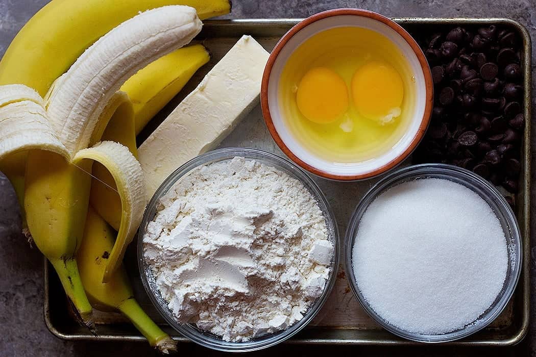 To make choc chip banana bread you need bananas, flour, sugar, eggs, and butter. 