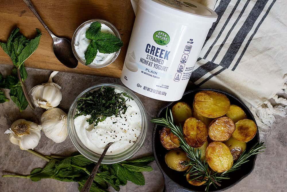 The sauce used for this lamb loin chops recipe is made with yogurt, mint and garlic.