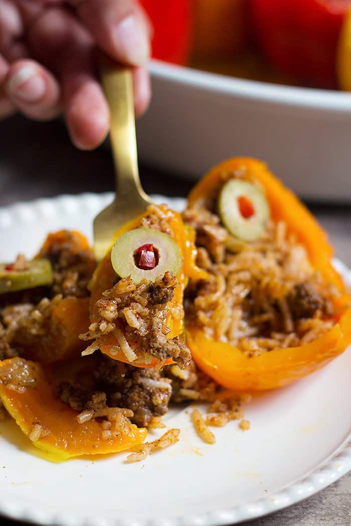 This stuffed peppers recipe is made with rice, beef and spices. 