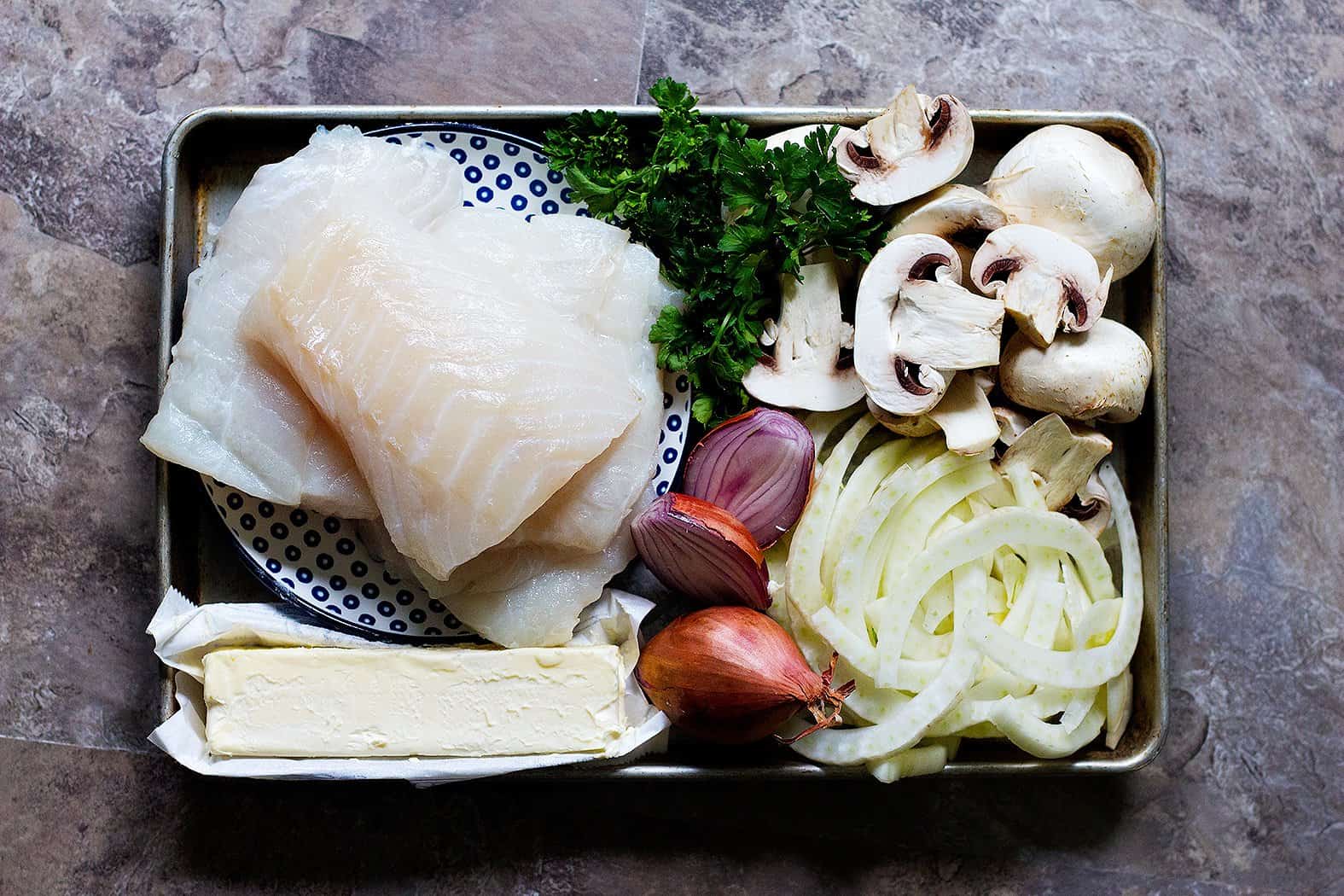 To make pan seared cod you need cod, shallots, butter, fennel and mushrooms. 