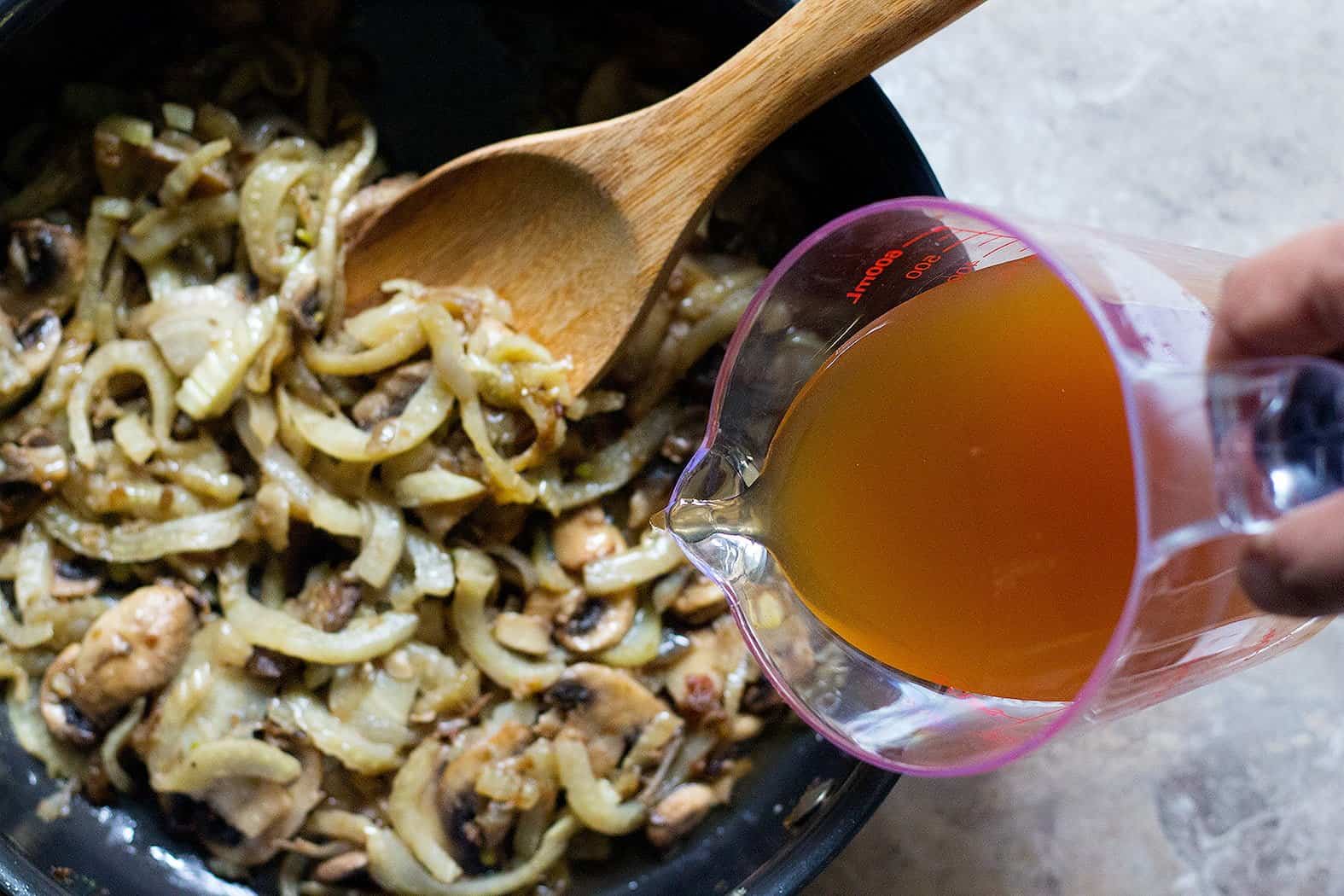 Make the sauce by sauteing the shallots and fennel then add broth. 