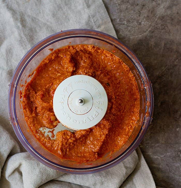 Blend the ingredients until you have a smooth roasted red pepper and walnut dip