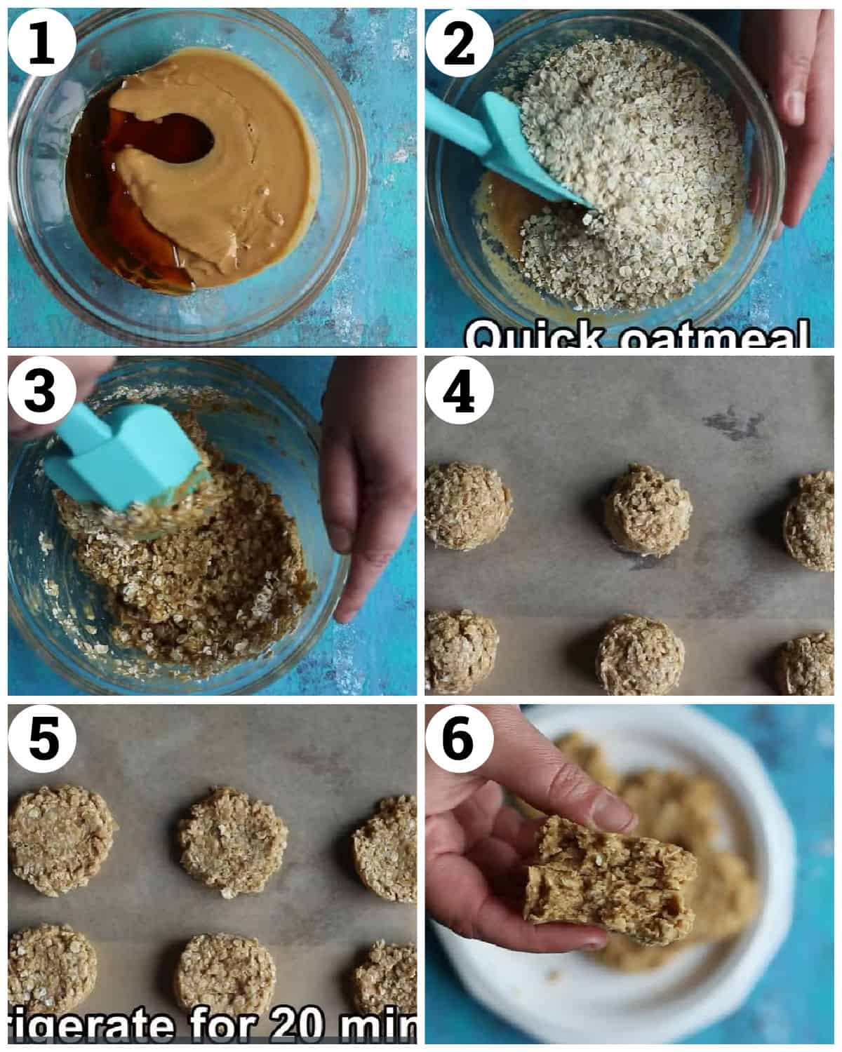 Heat the peanut butter, add in the maple syrup and oatmeal and vanilla, shape the cookies and refrigerate. 