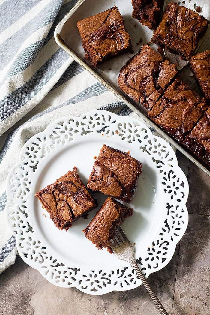 Slice chocolate caramel brownies once they are completely cooled.