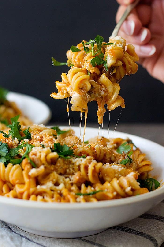 This Italian sausage pasta is great with some extra mozzarella. 