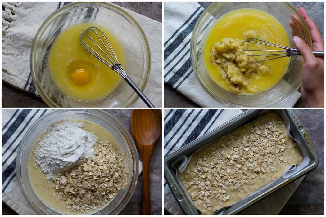 How to make oatmeal banana bread: mix oil and sugar, add in eggs and bananas then dry ingredients and bake in the oven. 