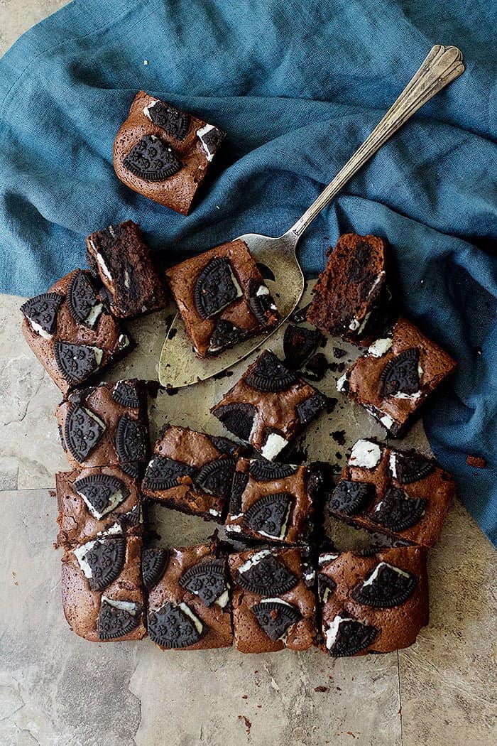 Oreo stuffed brownies cut into sixteen pieces. These brownies are absolutely tasty. 