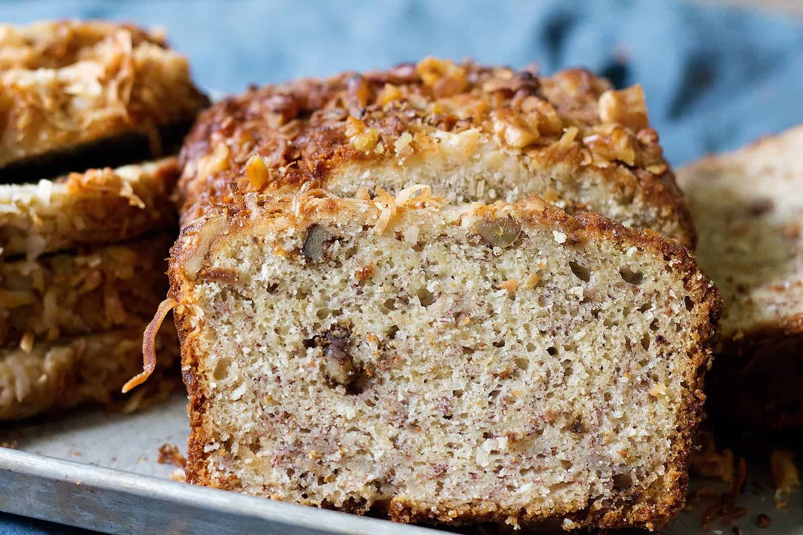 Coconut Banana bread has a great texture with walnuts. 