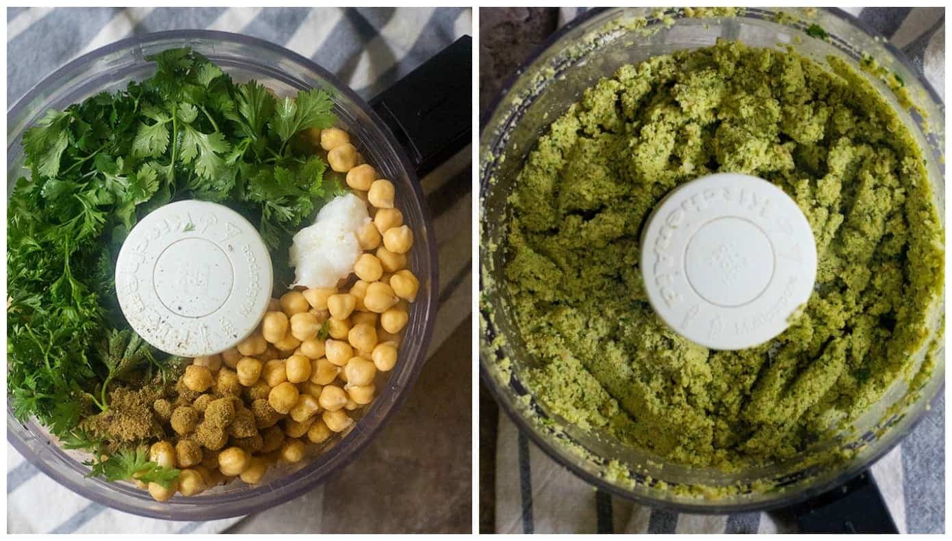 To make falafel patties, place chickpeas, parsley, cilantro, garlic, onion and spices in a food processor and process until you have a smooth paste. 