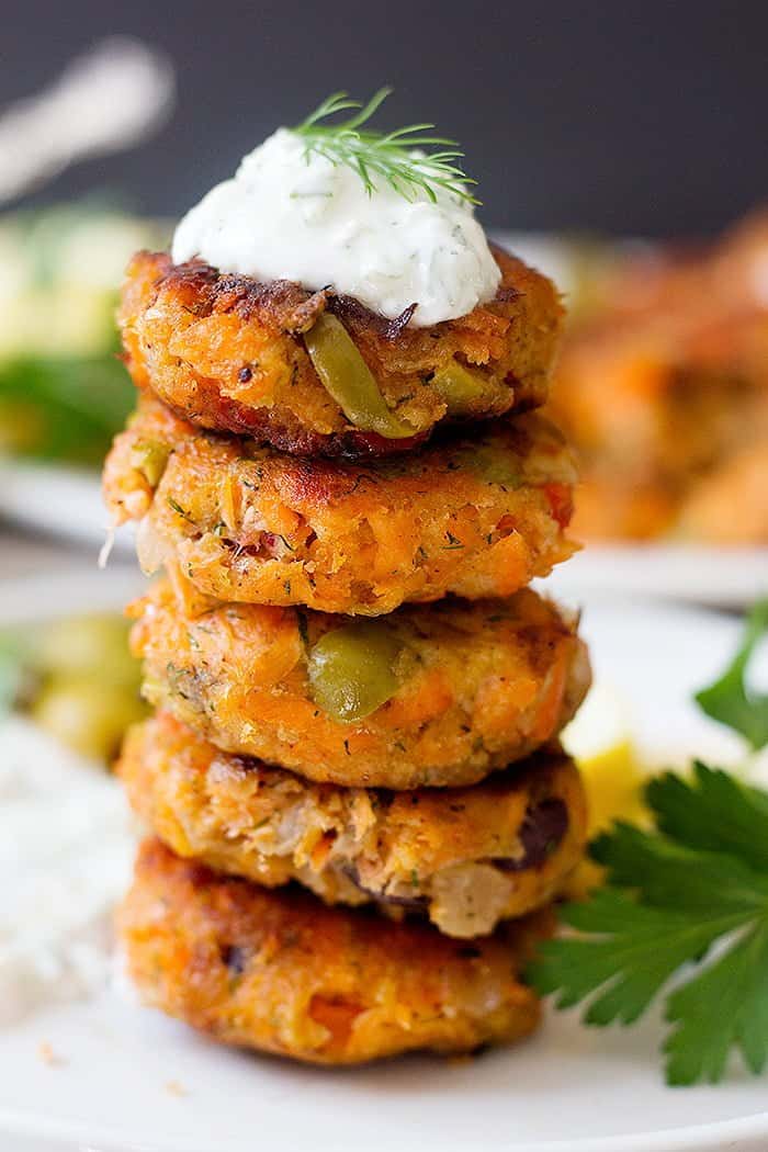 Serve easy salmon patties with tzatziki sauce. 