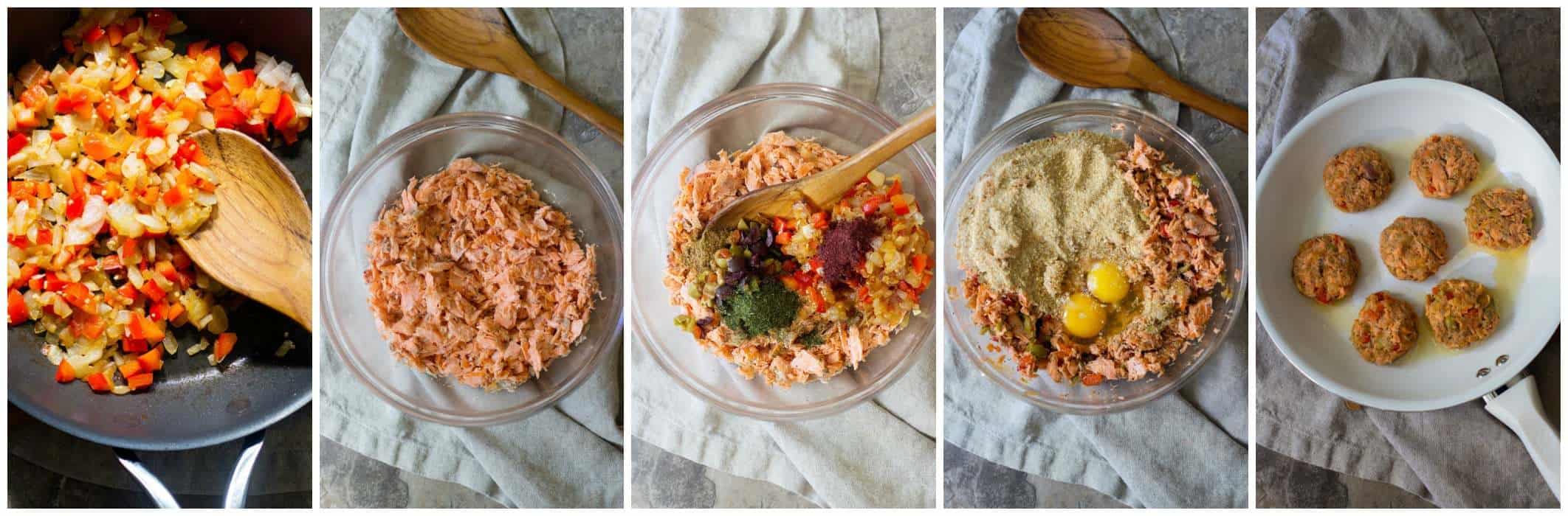 For salmon patties batter, saute the vegetables and flake the salmon then mix, add spices, eggs and bread crumbs. Shape the patties and pan fry. 