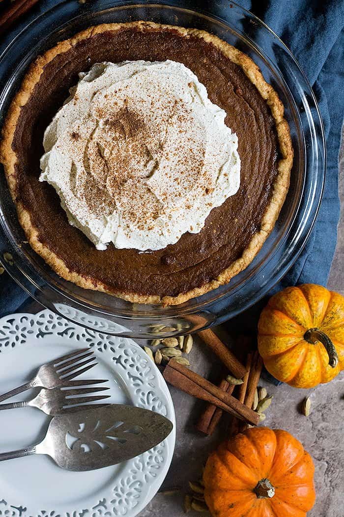 Homemade pumpkin pie with chai spice is delicious. 