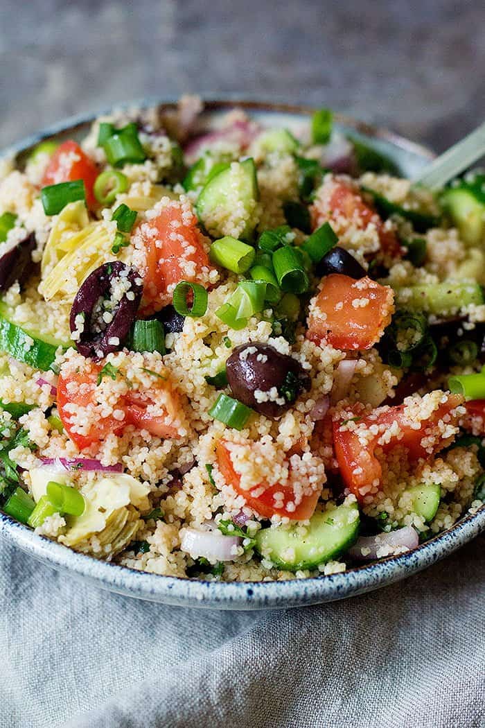 An easy couscous salad packed with Mediterranean flavors. This couscous salad recipe comes together in only 15 minutes 