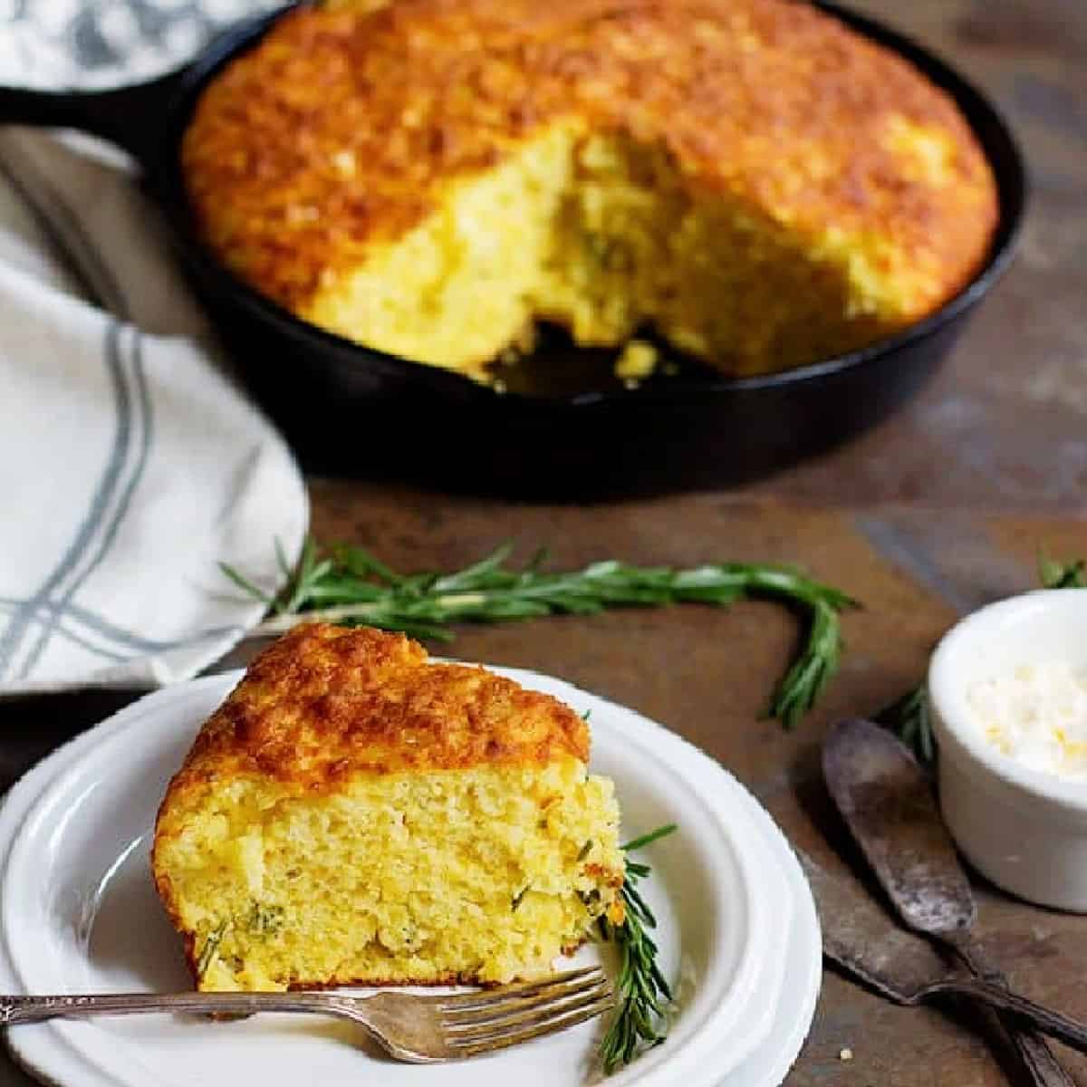 This Rosemary Cheddar Cornbread is moist and full of delicious flavors. It's packed with aromatic rosemary baked in a cast iron skillet and has a beautiful crispy crust.
