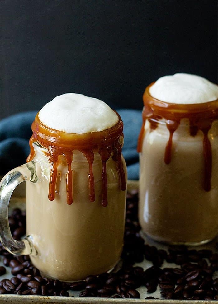 Drizzle some caramel sauce on the rim of the glasses. 