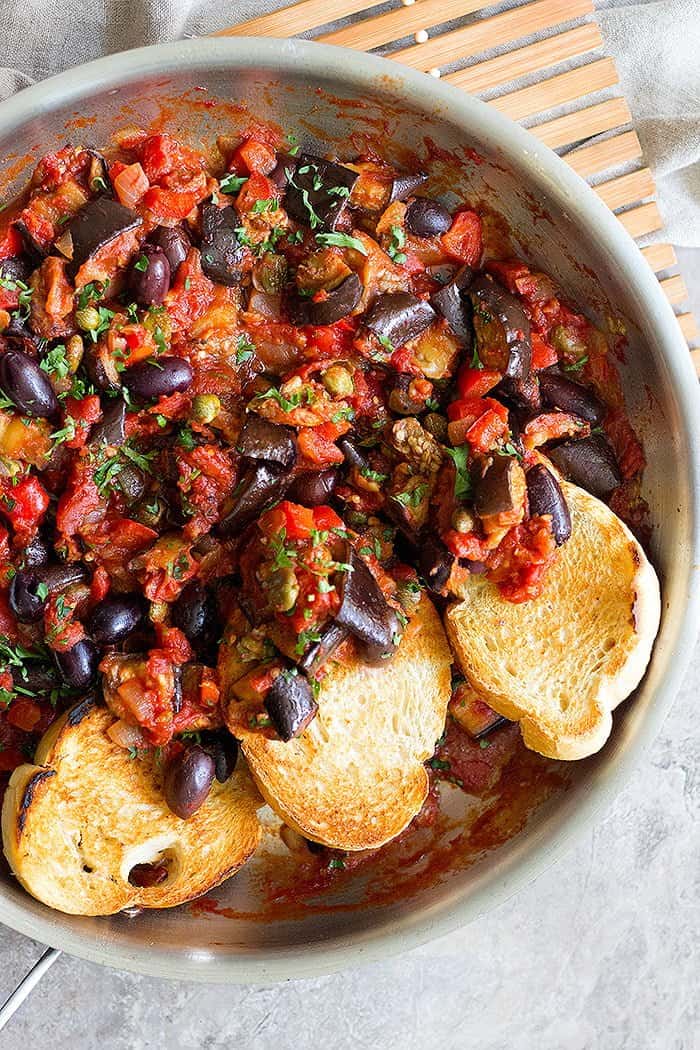 Eggplant caponata is a delicious Mediterranean side dish. 