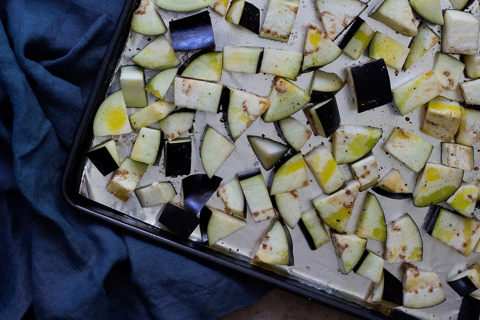 You can cut eggplant into cubes and then roast them. 