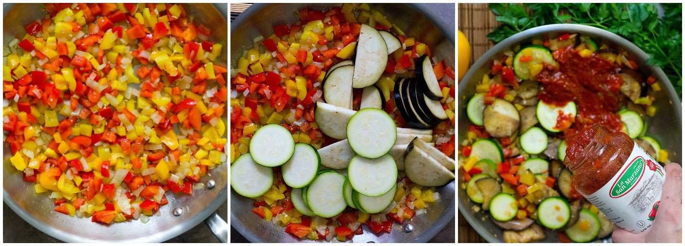 Start by sauteing the vegetables in olive oil and then add pasta sauce to the vegetables. 