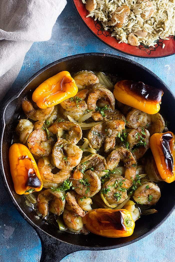 Baked shrimp is one of the easiest recipes out there. Turn it into a delicious meal using Moroccan chermoula sauce and serve with dill rice.